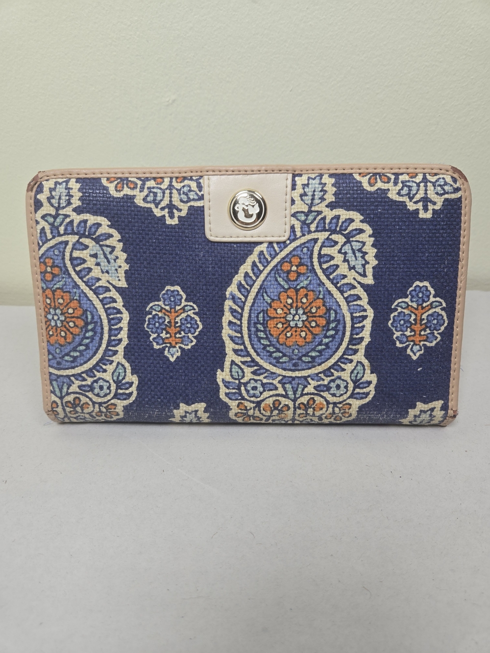 Spartina Navy Paisley Zip-Around Wallet with Tan Trim